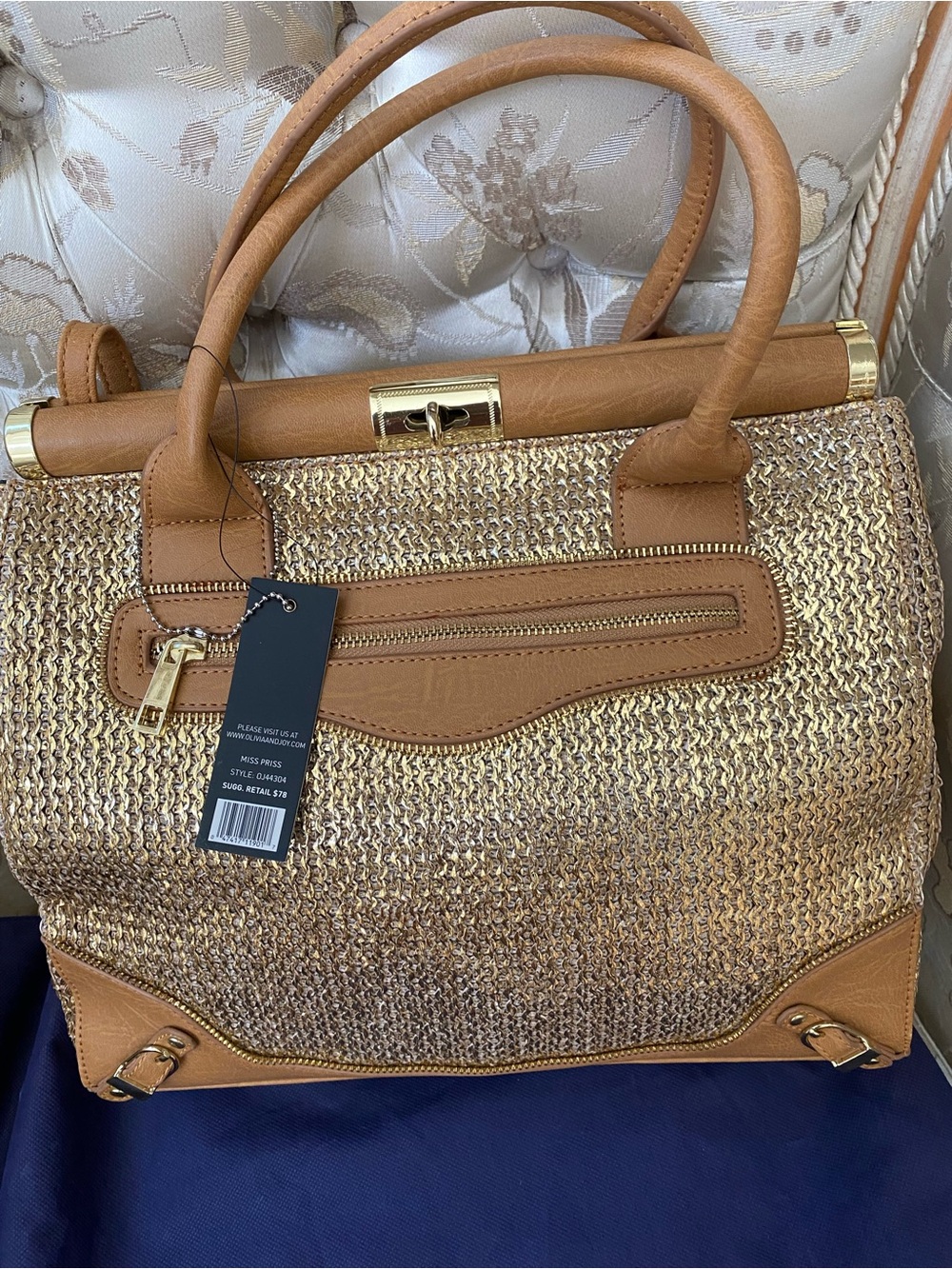 Olivia+Joy Tan Woven Tote Handbag with Gold Accents